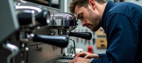 Tecnico specializzato che controlla una macchina professionale per caffè espresso.
